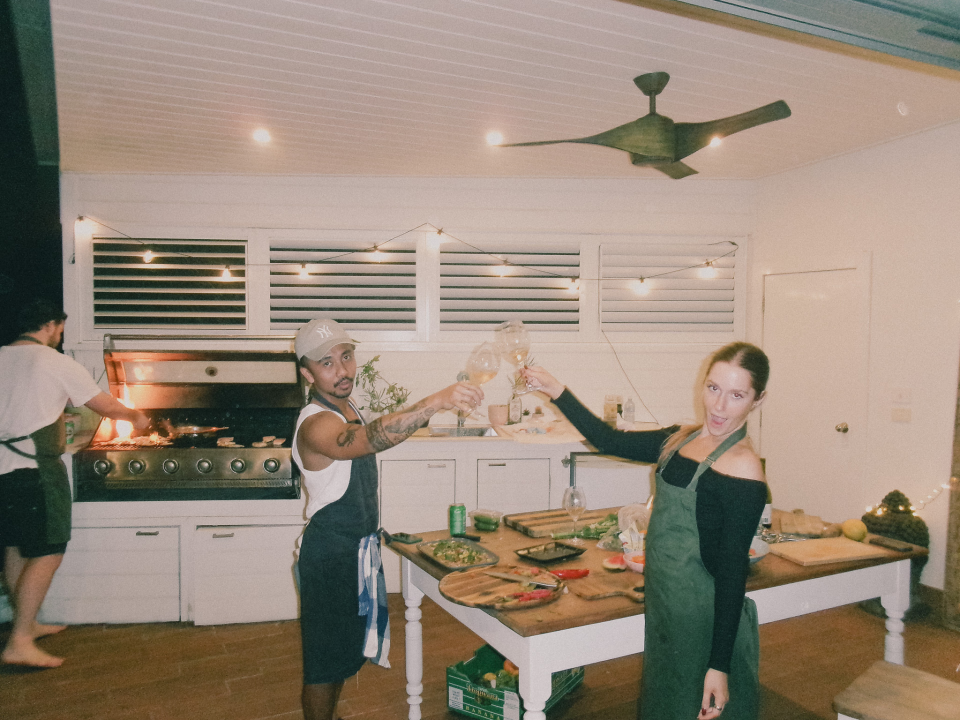 A toast across the kitchen, flames behind